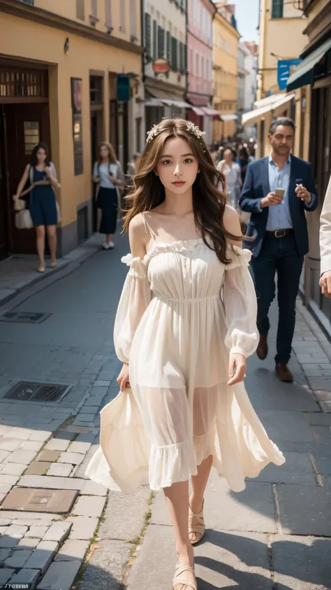 In this vivid scene, a talented photographer captured Estelle Berglin - her long hair waving with every step she took, clad in a lovely summer dress that swayed gently with the breeze, walking confidently amidst the lively, vibrant crowd filling the narrow...