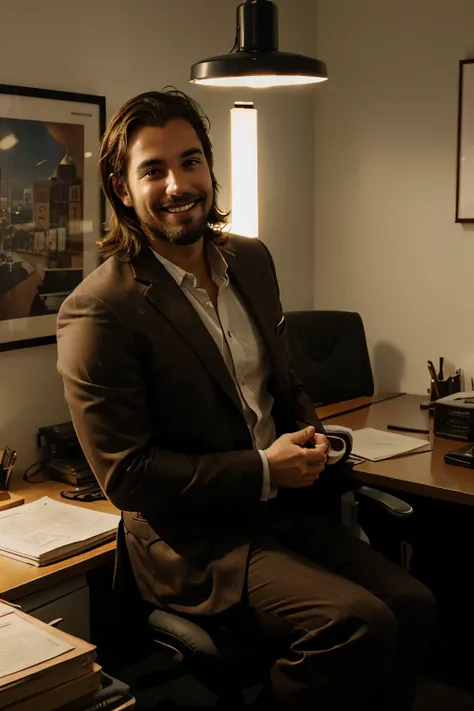 Lawyer in his office, brown hair, light smile, facial hair, modern, cinematic lighting, best quality