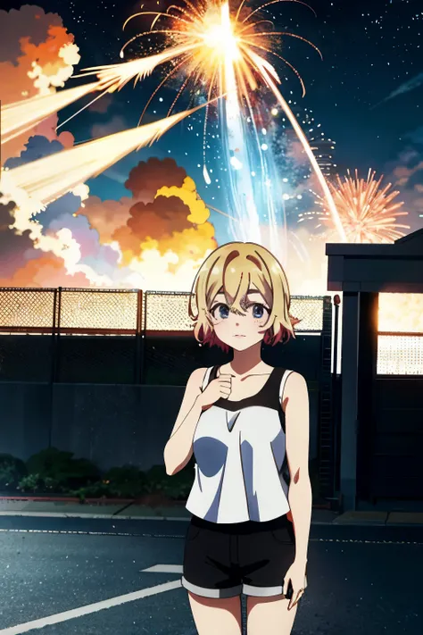 mami nanami, short hair, aqua eyes, blonde hair, hair between eyes,1 female、At night、whole body、smile、Black tank top、sexy black shorts、female thief、fence、Big Explosion、Military base exploding in flames