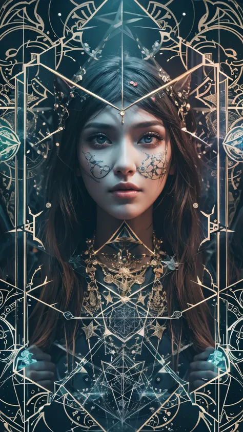 mystic elementalist witch woman, manipulating the fourth elements, amazing depth, double exposure, surreal, geometric patterns, intricately detailed, bokeh,  perfect balanced, deep fine borders, artistic photorealism , smooth,