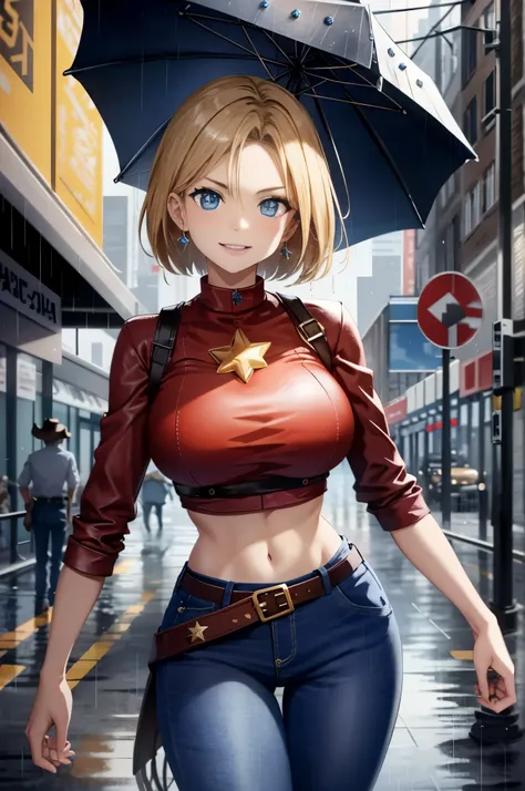 maryms, Best Quality,(beauty), 1girl,phisically-based render ,ultra highres,(cowboy shot:1.5),narrow waist, skinny, LeonaMS , big blue eyes,long legs,jeans,leather belt,big breasts,puffy eyes, leather belt,(rainy city), shiny skin, facing viewer, excited t...