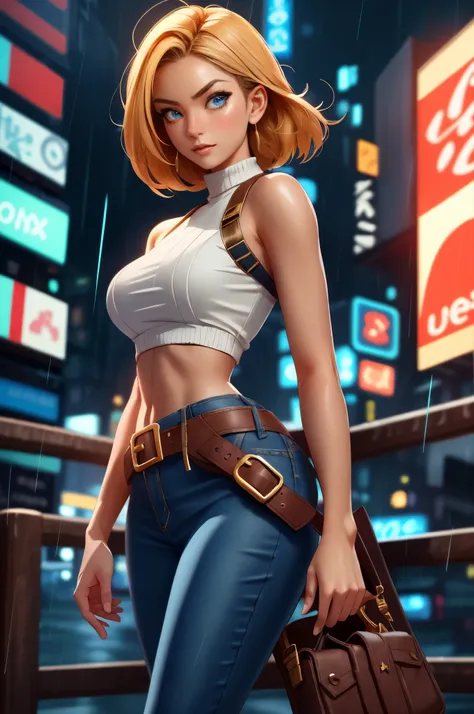 maryms, Best Quality,(beauty), 1girl,phisically-based render ,ultra highres,(cowboy shot:1.5),narrow waist, skinny, LeonaMS , big blue eyes,long legs,jeans,leather belt,big breasts,puffy eyes, leather belt,(rainy city), shiny skin, facing viewer, excited t...