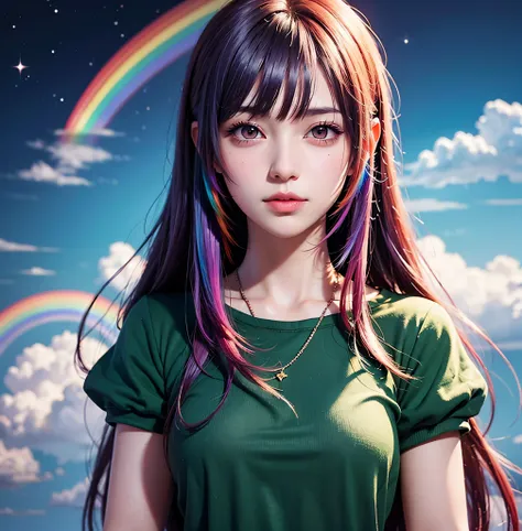 (anime girl + long hair + portrait), (color hair + rainbow: 1.5 + cosmic hair: 1.2), (beauty + fantasy + anime style), (8k wallp...