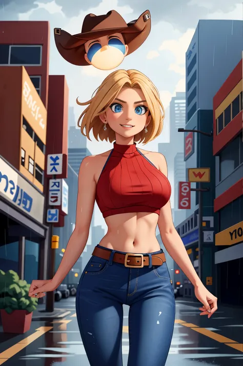 maryms, Best Quality,(beauty), 1girl,phisically-based render ,ultra highres,(cowboy shot:1.5),narrow waist, skinny, LeonaMS , big blue eyes,long legs,jeans,leather belt,big breasts,puffy eyes, leather belt,(rainy city), shiny skin, facing viewer, excited t...