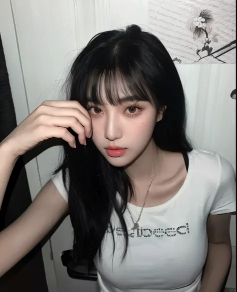 there is a woman that is brushing her hair with a brush, ulzzang, she has black hair with bangs, cruel korean goth girl, hair blackbangs hair, korean girl, hair whitebangs hair, neat hair with bangs, beautiful south korean woman, gorgeous young korean woma...