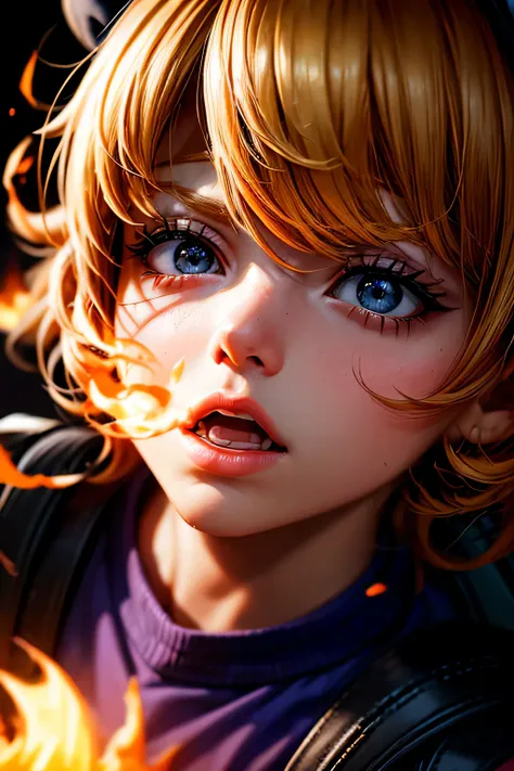 Black eyes, Annie, Blonde Hair, anger, Blue Leather Backpack, short hair,Long Bangs, fire, Panda Stuffed Animal, Tibbers, Purple Shirt, inflammation, Throw, close, Shine､masterpiece, 最high quality, high quality, High resolution, (Face close-up)､
