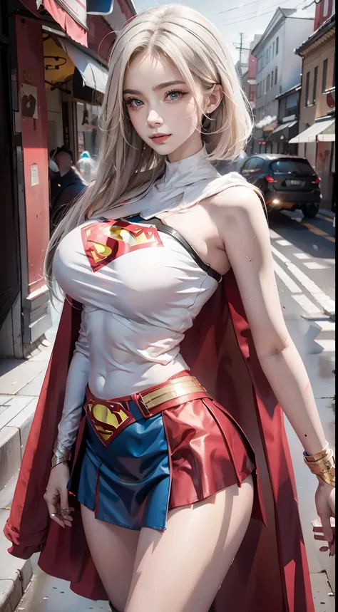  Ice Elemental, Intricate design and details, Cold fog, cold, blizzard storm, Summon Ice Spell, cast ice spell, Beauty short hair defines the figure,Long golden hair fluttering in the wind， Long legs in Supergirl cosplay，Red Superman Skirt ，Red Cape，well d...