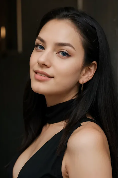 1 girl, graceful figure, long black hair, European, ear piercings, expressive blue eyes, bright makeup, expressive smile, portrait photography, full face