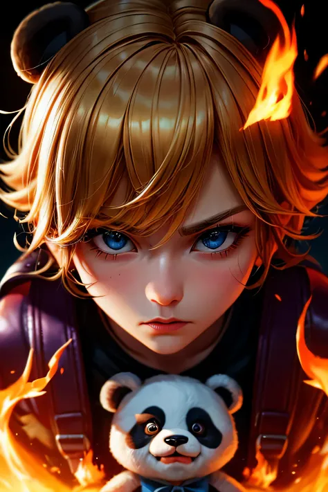 Black eyes, Annie, Blonde Hair, anger, Blue Leather Backpack, short hair,Long Bangs, fire, Panda Stuffed Animal, Tibbers, Purple Shirt, inflammation, Throw, close, Shine､masterpiece, 最high quality, high quality, High resolution, (Face close-up)､
