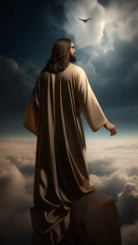 jesus standing on a rock looking at the sky with clouds, dressed like jesus christ, jesus christ, young almighty god, jesus of n...