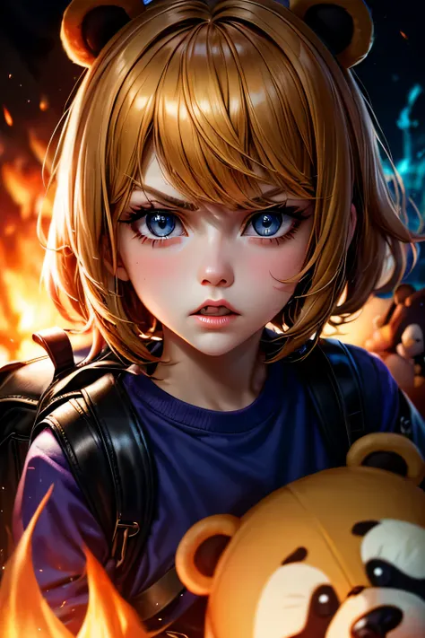 black eyes, annie, blonde hair, anger, blue leather backpack, short hair,long bangs, fire, panda stuffed animal, tibbers, purple...