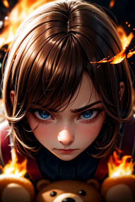 Black eyes, Annie, Blonde Hair, anger, Blue Leather Backpack, short hair,Long Bangs, fire, teddy bear, Tibbers, Purple Shirt, inflammation, Throw, close, Shine､masterpiece, 最high quality, high quality, High resolution, (Face close-up)､
