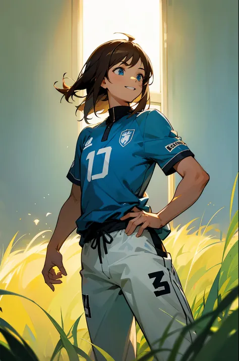 masterpiece, best quality, highres, 1man, medium-length hair, short brown hair, cyan blue eyes,light blue soccer jersey, sunlight,grassy background, indoors, smiling, standing in middle
