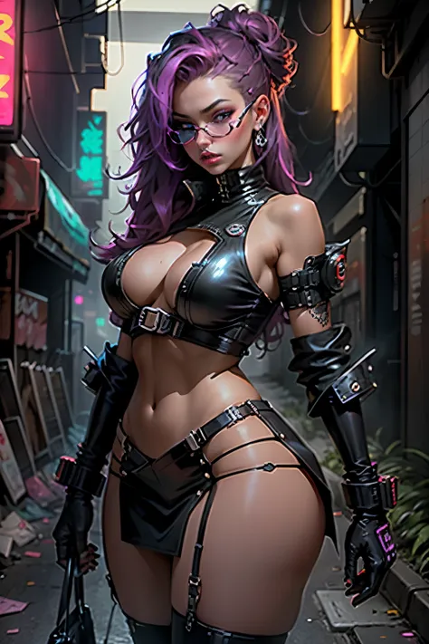 In the dimly lit, neon-drenched alleyways of the cyberpunk metropolis, a stunningly seductive prostitute, adorned in an unusually alluring latex red miniskirt, showcased her voluptuous curves with oversized breasts that demanded attention. Her sensual allu...