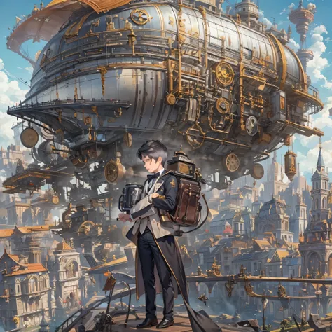 perfect anatomy, masterpiece:1.4, highres, 16k, (detailed mechanical:1.4 city, filled with steam:1.3) (in the steampunk:1.5 city), ((the background biggest Mechanical airship)), break, (traveller style)
(from-side profile, wide-angle:1.3) (solo:1.3 silver ...