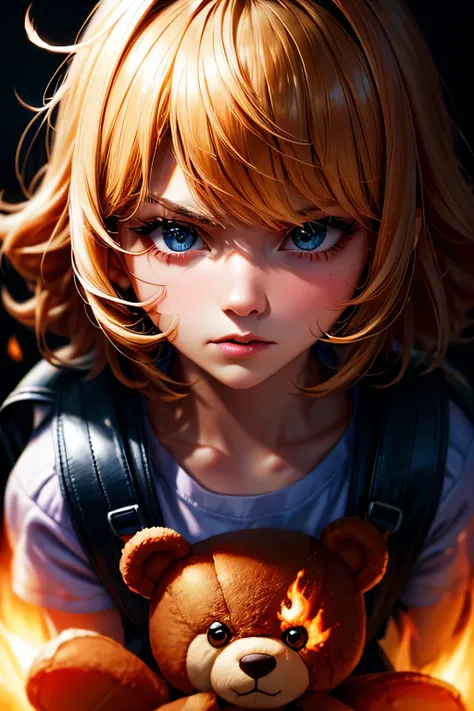 Black eyes, Annie, Blonde Hair, anger, Blue Leather Backpack, short hair,Long Bangs, fire, teddy bear, Tibbers, Purple Shirt, inflammation, Throw, close, Shine､masterpiece, 最high quality, high quality, High resolution, (Face close-up)､
