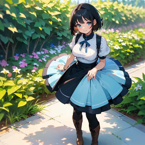 (high quality, High resolution, Very detailed, reality:1.37), Peaceful atmosphere, (Outdoor, garden), teenage girl standing alone, (my breasts are big.), Beautiful detail features, Cute Smile, (Black bob hair), Short sleeve ribbed sweater, Blue Skirt, blac...