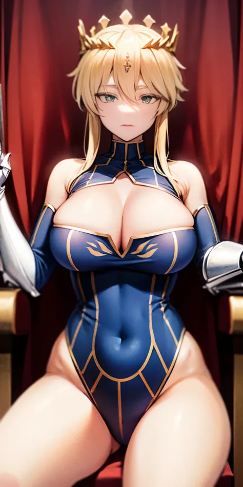 Lancer Artoria, elegant adult  female, blonde, green eyes, (yellow eyelashes), crown, turtleneck, cleavage cutout, sleeveless, blue leotard, elbow gloves, gauntlets, blue thigh, elegantly (sit on throne), throne room, close-up protrait, high resolution, ex...