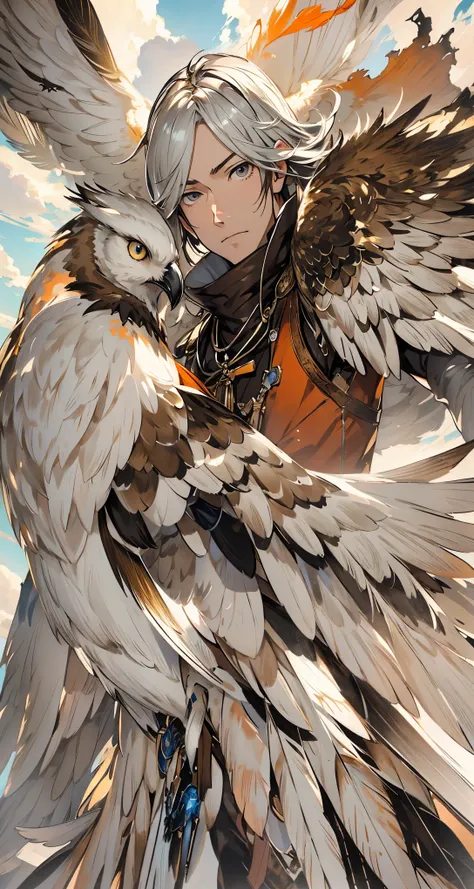 Close-up of falling bird feathers,  Color (White, Brown, Orange,Gray, Colored)  spinning, fall with the clouds,  feather wind, fluffy clouds, casimir art, illustration of shigenori soejima, boris valejo.  Detailed drawing of an anime character, detailed an...