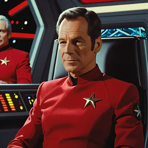 karlach cliffgate in a red starfleet uniform sitting in the captain's chair on the enterprise