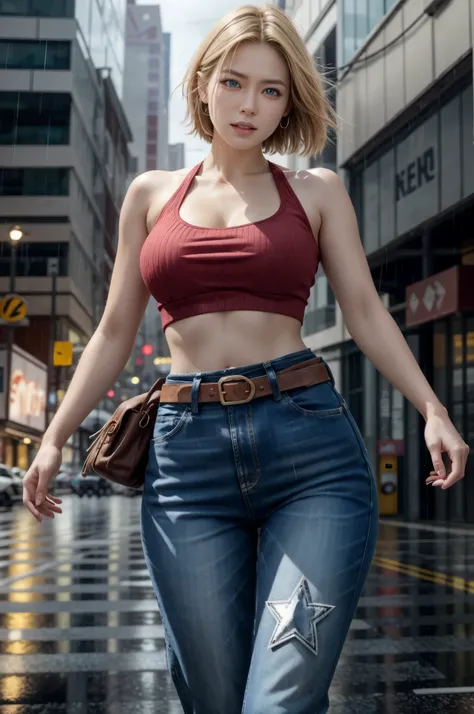 maryms, Best Quality,(beauty), 1girl,phisically-based render ,ultra highres,(cowboy shot:1.5),narrow waist, skinny, LeonaMS , big blue eyes,long legs,jeans,leather belt,big breasts,puffy eyes, leather belt,(rainy city), shiny skin, facing viewer, excited t...