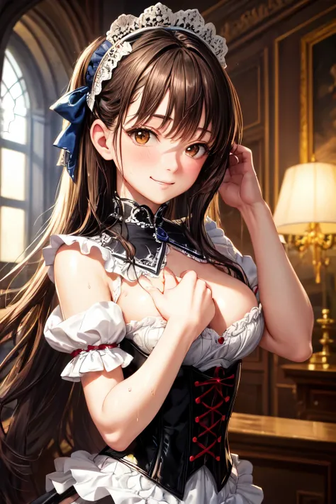 ((highest quality)), ((masterpiece)), (detailed), Perfect Face,gothic style,In a mansion,light smile,Embarrassed,hand in own hair,beautiful girl,crinoline,velvet,corset,grab breats,oiled skin,wet,,