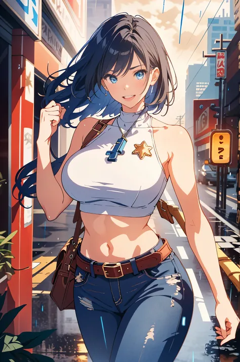 maryms, Best Quality,(beauty), 1girl,phisically-based render ,ultra highres,(cowboy shot:1.5),narrow waist, skinny, LeonaMS , big blue eyes,long legs,jeans,leather belt,big breasts,puffy eyes, leather belt,(rainy city), shiny skin, facing viewer, excited t...