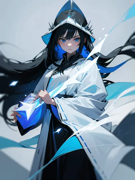 1girl, long black hair, blue eyes, wearing ice mage robes, grey background, frost magic, absurdres, high res, ultrasharp, 8K, masterpiece, looking at viewer