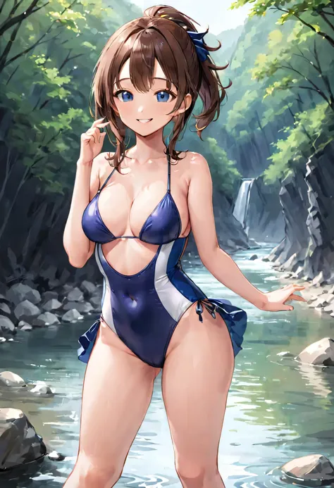 masterpiece、Mastepiece、girl、Random hairstyle、Clear eyes、Smiling at the audience、Perfect proportions、full body shot、Slightly larger breasts、Random Swimsuit、Sexy pose、The background is a river