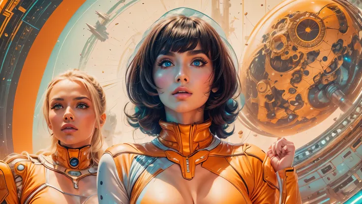 arafed image of a white woman in a futuristic suit with a spaceship in the background, movie art, in front of an orange background, inspired by Robert McGinnis, female protagonist, megastructure in the background, portrait of an ai astronaut, astronauts, a...