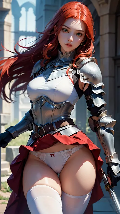 (female warrior: 1.5), (redhead warrior girl: 1.3), 1 girl, solo, pretty girl, young girl, (red hair), (green eyes), thin girl, small breasts, pretty face, slim waist, thin legs , gap between thighs, (knights armor), (steel breastplate, steel gauntlets, st...