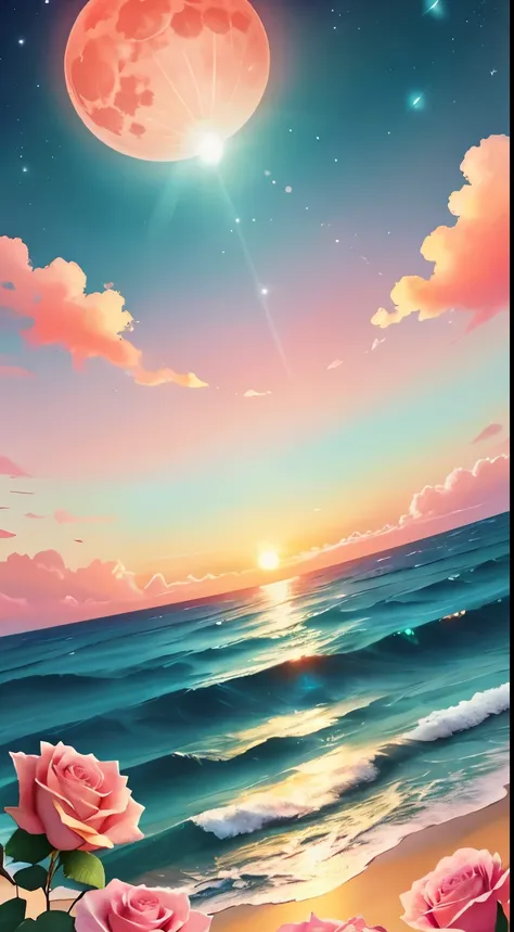 Orange Moon, Blue-green sky, Soft pink clouds, teal ocean waves Shine, Shine, pink roses in the pink sea, Fantasy, diamond, Crown, universe, Soft Light,