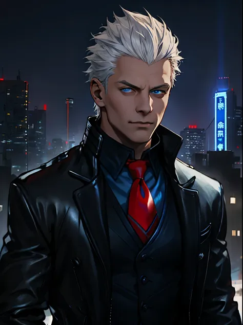 male, white hair combed back, blue eyes, blue leather jacket with red lining, black shirt, red tie, black vest. a detailed eye. ...