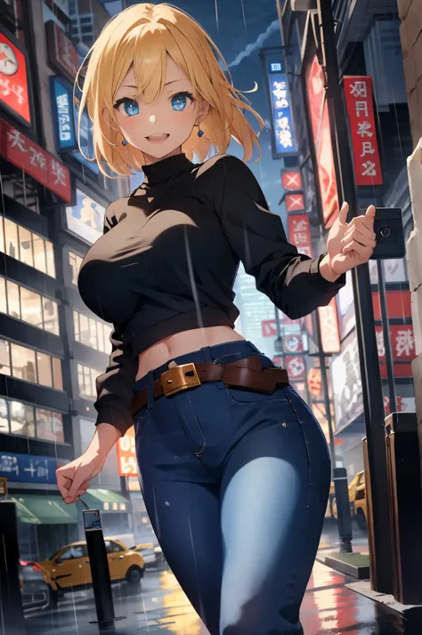 maryms, Best Quality,(beauty), 1girl,phisically-based render ,ultra highres,(cowboy shot:1.5),narrow waist, skinny, LeonaMS , big blue eyes,long legs,jeans,leather belt,big breasts,puffy eyes, leather belt,(rainy city), shiny skin, facing viewer, excited t...