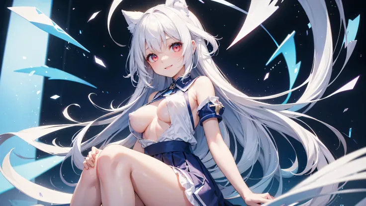 Very cute girl、(11 years old)、White Hair、Long Straight Hair、Bangs are too close to the eye、Light red eyes、(Normal human ear)、Thin arms、Beautiful body、Slim legs、Shapely breasts、Transparent white skin、smile、(T-Shirtini skirt、White and blue)、I know the shape ...