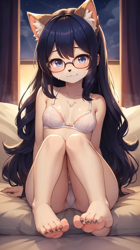 beat quality,best resolution,(fluffy anthro furry :1.3),(young :1.6),cat girl,dark blue long hair,wavy hair,spread hair,beige fur,glasses,cute bra,cute pantie,thong,sitting on sidebed,sexy light,night,room is so dark,light and shadow,show bare foot sole to...