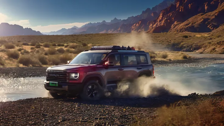 a close-up of a ford raptor 2023 red in frontend view driving on the road beside a river,  mountain faraway, stars hang on the s...