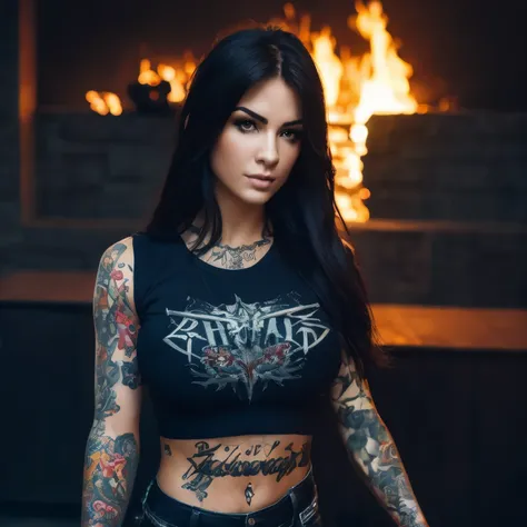 (masterpiece, best quality:1.4), 1girl, solo,Ultra High Resolution,(Realisticity:1.4),Original Photo,Cinematic Lighting, 1girl, solo, Metalhead Style girl in front of a abstract fire, ((Tattooed Girl)), wearing ripped black pants, black t-shirt, heavy meta...