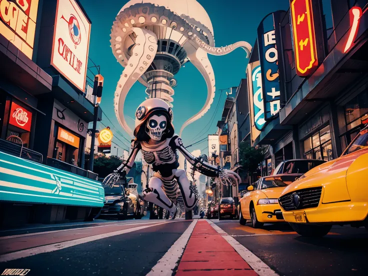 a skeleton with octopus tentacles taking over a city style: retro futuristic vintage cartoon speed racer illustration pop art