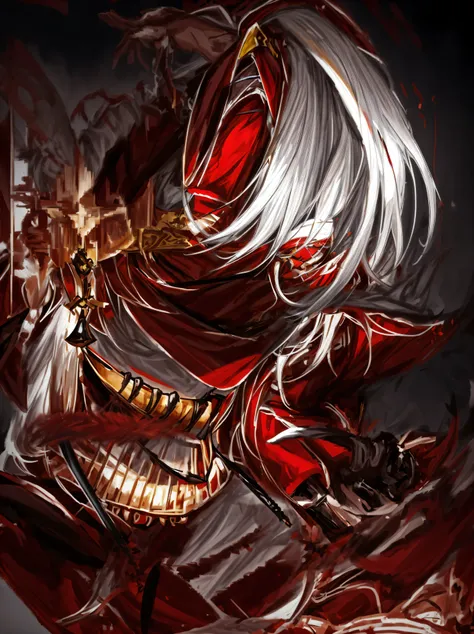 Handsome guy in the art of slaying demons, Long flowing hair and robes,, Onmyoji，Handsome Japanese demon boy,Anime character with white hair, red and yellow pupils and holding a sword,With glittering eyes,Humanity，male，Beautiful Shinigami