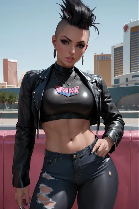 film photo ChristyMackQuiron woman, peinado Mohawk, mohawk hair, black hair, pelo negro, realista, a woman Shot putwearing a crop top and tight jeans walking on Las Vegas, short crop top, ahort black leather jacket, chaqueta de cuero negro corta, vaqueros ...