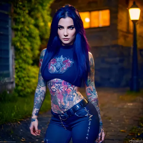 Best Quality,Masterpiece,Ultra High Resolution,(Realisticity:1.4),Original Photo,Cinematic Lighting, 1girl, solo, Metalhead Style girl in front of a cemitery at night under the moonlight, tattooed, wearing ripped black pants, black clothes, fit body, heavy...