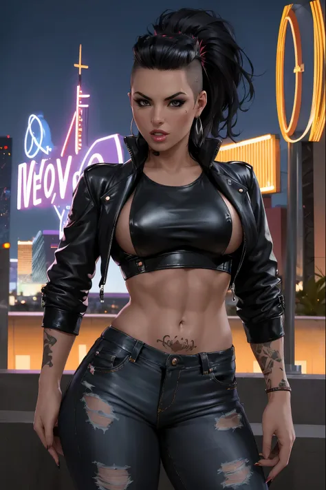 film photo ChristyMackQuiron woman, peinado Mohawk, mohawk hair, black hair, pelo negro, realista, a woman Shot putwearing a crop top and tight jeans walking on Las Vegas, short crop top, ahort black leather jacket, chaqueta de cuero negro corta, vaqueros ...