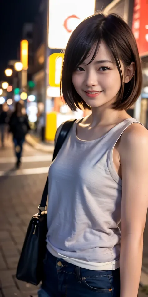 1 Girl, Tokyo Street,night, Streetscape,City lights,Upper Body,close,smile,, (8K, Raw photo, highest quality, masterpiece:1.2),(Realistic, photo-Realistic:1.37),