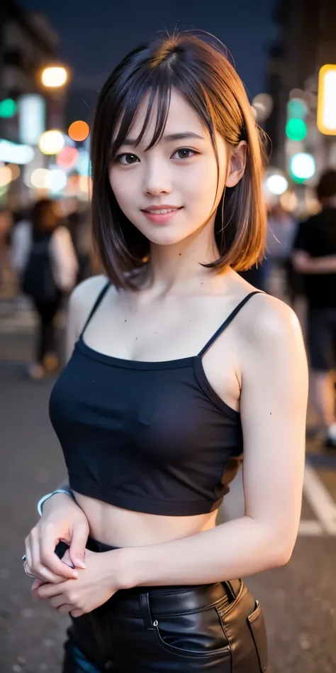 1 Girl, Tokyo Street,night, Streetscape,City lights,Upper Body,close,smile,, (8K, Raw photo, highest quality, masterpiece:1.2),(Realistic, photo-Realistic:1.37),