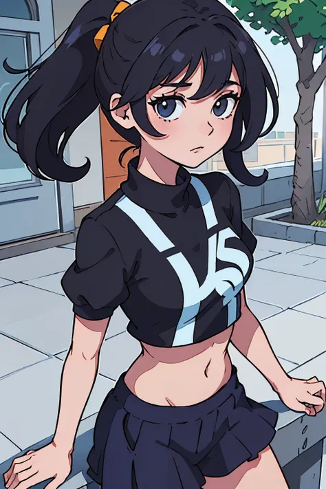 (mejor calidad:0.8) perfect anime illustration, una bonita, Mujer inexpresiva con cabello negro  medio largo y ondulado en el patio de la escuela , usando un uniforme de deportes azul con una franja roja y una blanca a los lados