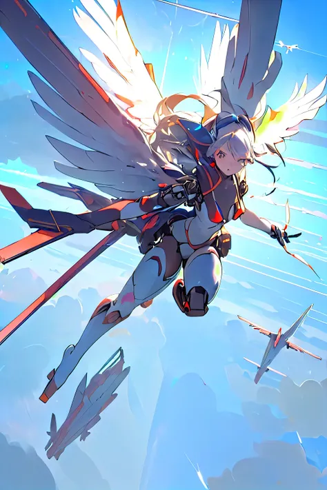 (mechanical_wings:1.4), (thrusters:1.4), 1girl,solo, full body,(mecha musume:1.1),wings, (flying in the sky:1.8), (floating:1.3), blue sky, cloud, pair wings, asymmetrical wings, spread wings, mechanical wings, wide shot, (masterpiece, best quality, high q...