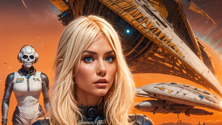 arafed image of a white woman in a futuristic suit with a spaceship in the background, movie art, in front of an orange background, inspired by Robert McGinnis, female protagonist, megastructure in the background, portrait of an ai astronaut, astronauts, a...