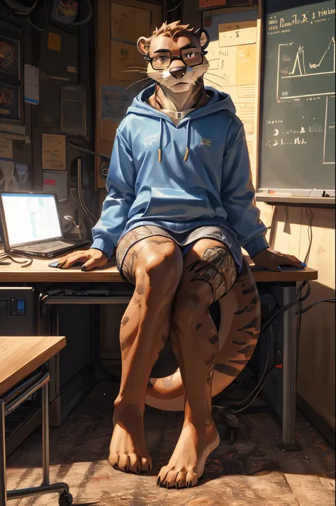 (((Barefoot furry character, full body, cinematic setting, furry male, plantigrade))) 

computer class scene with a tech-savvy otter ((teacher)) wearing a hoodie and glasses, sitting at a computer desk surrounded by monitors and circuit boards. This otter ...