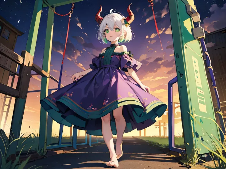 8k, masterpiece, best quality, highly detailed, 1girl, tiefling, big head, chibi, , multicolored hair, white hair, short hair, strippled green hair, mole, demon horns, demon tail, glowing green eyes, glamorous, purple shirt, tealdress, full body view, dres...